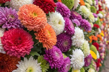 Flowers wall background with amazing red,orange,pink,purple,green and white chrysanthemum flowers ,Wedding decoration, hand made Beautiful flower wall background