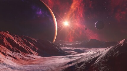 Wall Mural - cosmic landscape with planets and star in vibrant nebula background