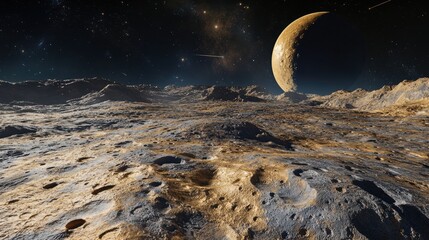 Wall Mural - vast planetary surface with moon and starry sky in background