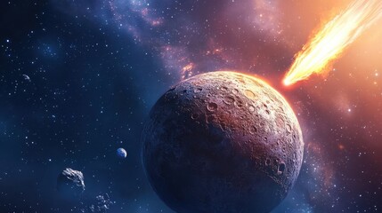Wall Mural - cosmic scene with planet, asteroids, and meteor shower in space