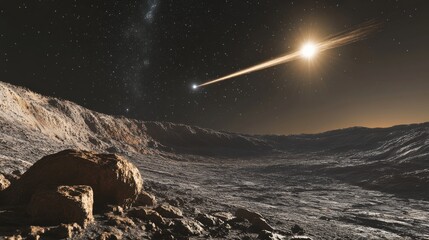 Wall Mural - stunning landscape of an alien planet with bright star and meteor