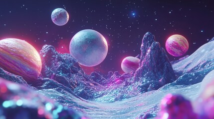 Wall Mural - Surreal Cosmic Landscape with Colorful Planets and Sparkling Stars