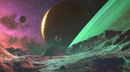 Wall Mural - Stunning Cosmic Landscape with Colorful Planets and Stars