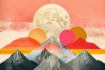 Wall Mural - collage retro dreamy sunrise art nature moon.