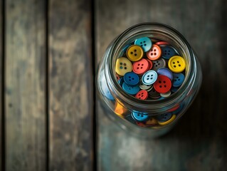 colorful buttons in jar, wooden background, vibrant colors, close up