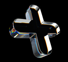 3d glass holographic transparent plus sign with dispersion light on black background render. rainbow