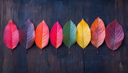 Colorful autumn leaves arranged in a row on dark wood.