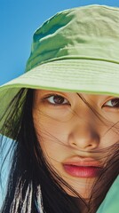 A beautiful Asian woman wears a bright green hat, her long dark hair gently swaying in the breeze under the open sky. Her captivating gaze reflects a joyful, carefree spirit in the summer air