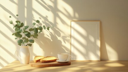 Wall Mural - Cozy Morning Setting with Eucalyptus, Tea and Baked Treats