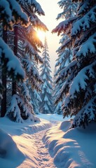 Poster - Snow-dusted pine forest, sunlight through branches, deep snow, light, woodland, cold