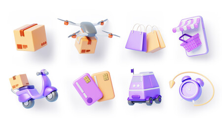 3d set of delivery robot, drone and scooter with box for shipping food and parcels. mobile phone wit