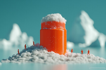 Miniature figures explore a vibrant orange container amidst a landscape of white powder resembling snow with icy formations in the background