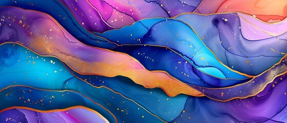 Wall Mural - Vibrant abstract curved background with blue and purple waves, golden accents, bright neon colors for creative designs and clean wallpapers.