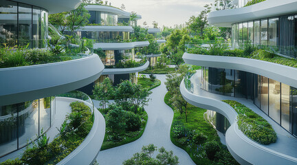 Poster - Modern housing complex wide inner courtyard curved balconies with green edges with hanging gardens in front of glass balustrades.