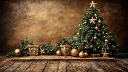 Wall Mural - Festive Christmas Tree with Golden Ornaments and Gifts