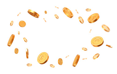 Wall Mural - 3d flying golden coins of kazakhstan tenge currency. rich or casino luck concept. precious expensive