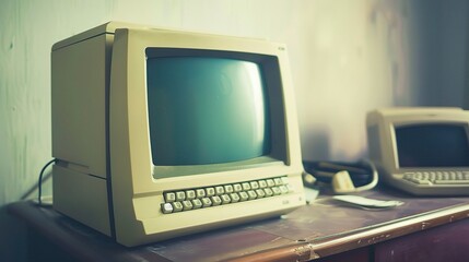 Wall Mural - A nostalgic old computer, boasting a bulky form, a cathode - ray tube monitor, and a clunky keyboard. A relic from the early days of computing technology, representing an era of technological evolutio