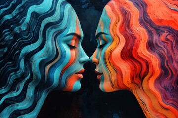 Poster - Artistic profiles composed of dynamic, vibrant color waves representing individuality and contrast, captured in a captivating modern artistic manner.