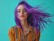 © lareyna - dynamic portrait of a woman with vibrant purple hair against a teal backdrop