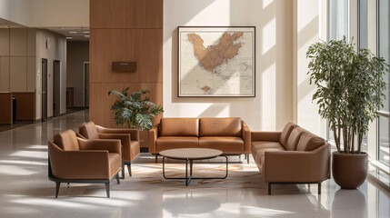 modern brown leather lobby furniture with large plant and map art in a modern office building