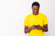 © Confidence - excited young black man checking his smartphone