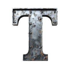 Wall Mural - Top view of a 3D letter T made of steel metal isolated on a white transparent background