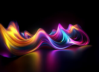 Wall Mural - Abstract vibrant waves of light flow across a dark reflective surface.  The colors shift and blend, creating a dynamic, energetic composition.