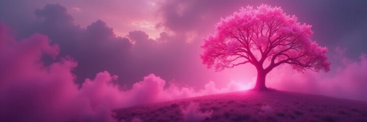 Wall Mural - Pink mist swirling around a mystical, glowing tree, mist, magical, hot pink
