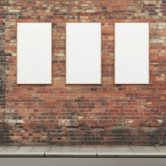 Wall Mural - Three blank street posters mockup. Outdoor public posters placed on brick wall, street advertisement, white empty billboard poster template. Urban posters displayed along city street
