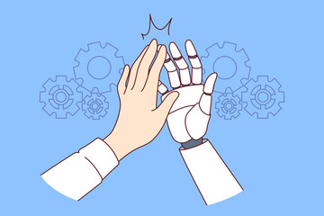 Wall Mural - collaboration man and ai robot making high-five gesture after successfully completed task. hands of 