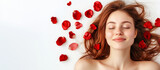 Smiling woman rose petals beauty wellness skincare spa concept glowing skin relaxation natural valentine mood romantic editorial banner design blank white background copyspace mockup template