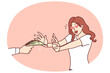 © drawlab19 - Excited woman reaches for money in man hand for concept of financial reward or payment for services. Young girl joyfully receives first money salary for work performed or goods sold.