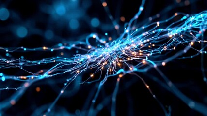 Abstract network of blue lines with orange points of light on a dark background