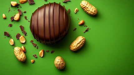 Wall Mural - Chocolate egg with nuts on top of a green background. The chocolate egg is surrounded by peanuts and chocolate chips