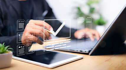 Businessman showing online document validation icon, quality assessment management With a checklist, business document evaluation process, market data report analysis