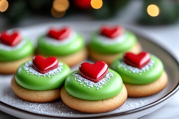 Wall Mural - Plate of festive cookies with green icing and red hearts on top. The cookies are arranged in a neat row, with each one featuring a heart-shaped design. The green icing gives the cookies a festive