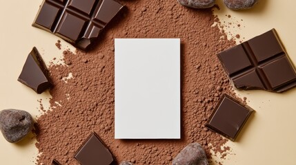 Wall Mural - White piece of paper is on top of a pile of chocolate and rocks. The paper is empty and the chocolate and rocks are scattered around it. Concept of indulgence and relaxation