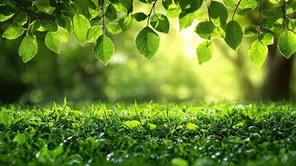 Wall Mural - lush green foliage and blades of grass basking in sunlight create a serene natural setting during da