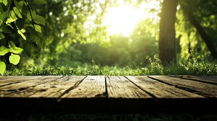 Poster - Empty wooden table top sunlight nature outdoors.