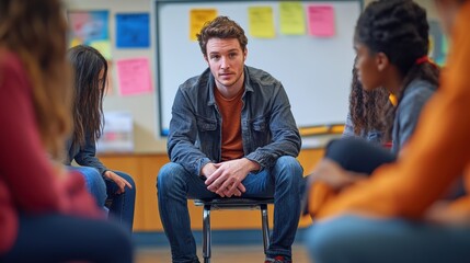 Fototapete - A social worker facilitates a group discussion, actively listening to youth participants in a community center. The atmosphere is open and encouraging, fostering connection and support