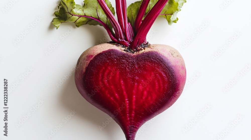 Heart shaped beet is shown on a white background. The beet is red and ...
