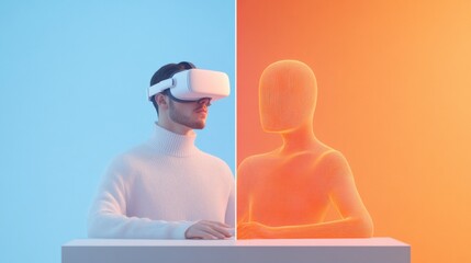 Fototapete - Minimalist VR Collaboration Modern Split-Screen Design with Futuristic Avatars in Vibrant Workspace - Tech Innovation for Remote Teams and Digital Creativity