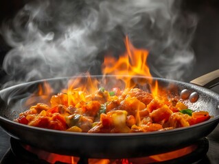 food cooking in a pan, intense flames, dark background, motion blur, culinary scene