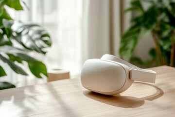 Leinwandbilder - Immersive VR Headset on Wooden Desk Sleek White Design in Sunlit Workspace - Cutting-Edge Tech for Modern Business and Engaging Digital Experiences