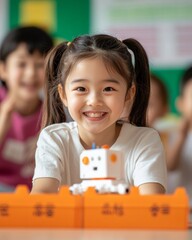 Poster - AI-Enhanced Learning Experience Smiling Asian Girl with Educational Robot in Motion Interactive Tech Tools for Classroom Engagement and Youth Programming Skills