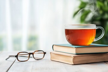 Poster - Minimalist Study Nook Wood Textured Desk with Books, Glasses and Tea - Cozy Content for Educational Focus and Mindfulness Marketing