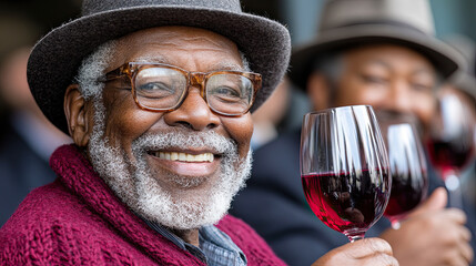 Joyful Senior Man Raising a Glass of Red Wine While Smiling With Friends at a Tasting Event Outdoors in a Sunny Setting