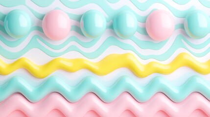 Wall Mural - colorful abstract background with glossy waves and dots in pastel shades of pink, blue, and yellow