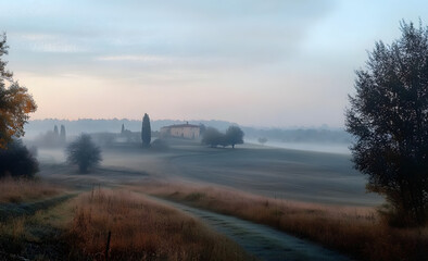 Wall Mural - Beautiful countryside panorama early foggy morning in italian tuscany. Autumn rural landscape