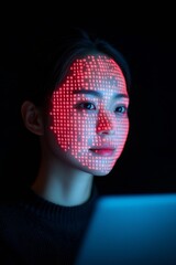 Leinwandbilder - Neon Digital Vigilance Young East Asian Woman Analyzing Cyber Threats on Laptop in Dark Room - Hacking Simulation and Binary Overlay for Tech Innovation and Cybersecurity Training
